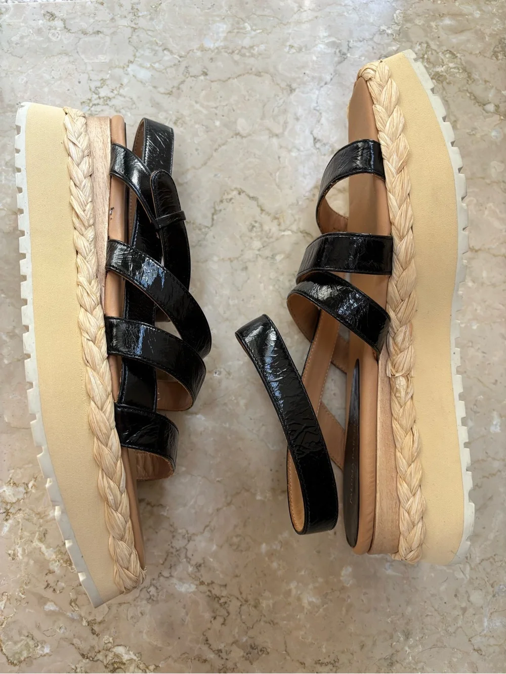 Paloma Barcelo Black Leather Square Toe Platform Raffia Sandals, Size 39/US 8.5